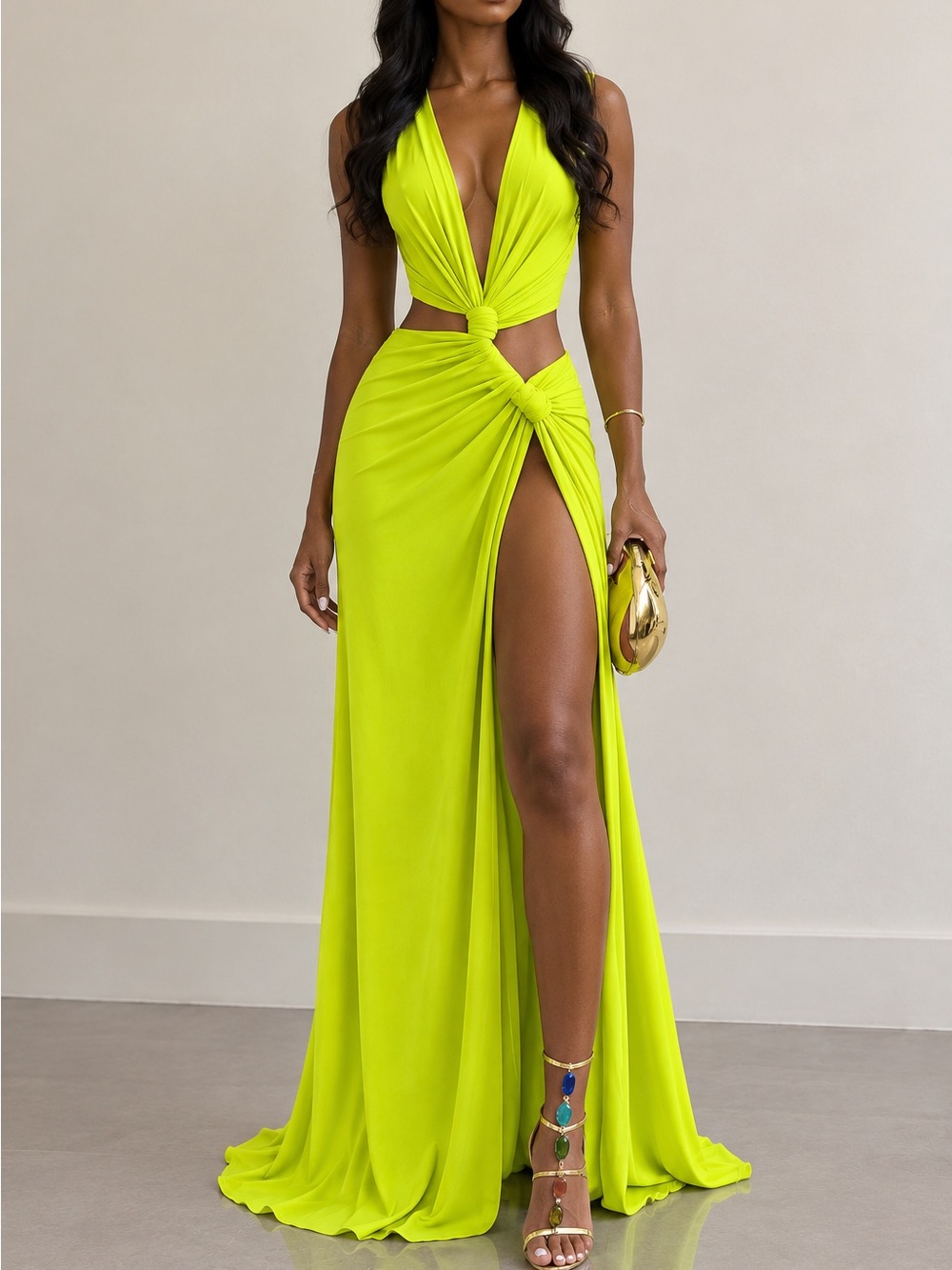 Neon Lime Cutout Maxi Dress with High Slit